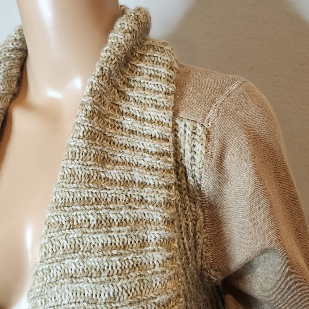Prana wool-blend tan‎ demure drape cardigan.  Women's size medium